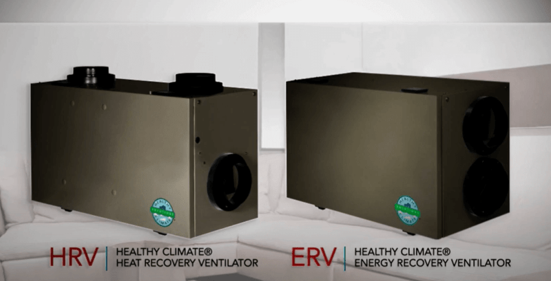 A graphic showing an HRV next to an ERV system by Lennox.