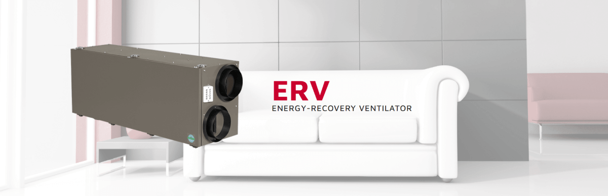 A modern, minimalist room with a white sofa displays an energy-recovery ventilator, highlighting efficient air circulation systems.