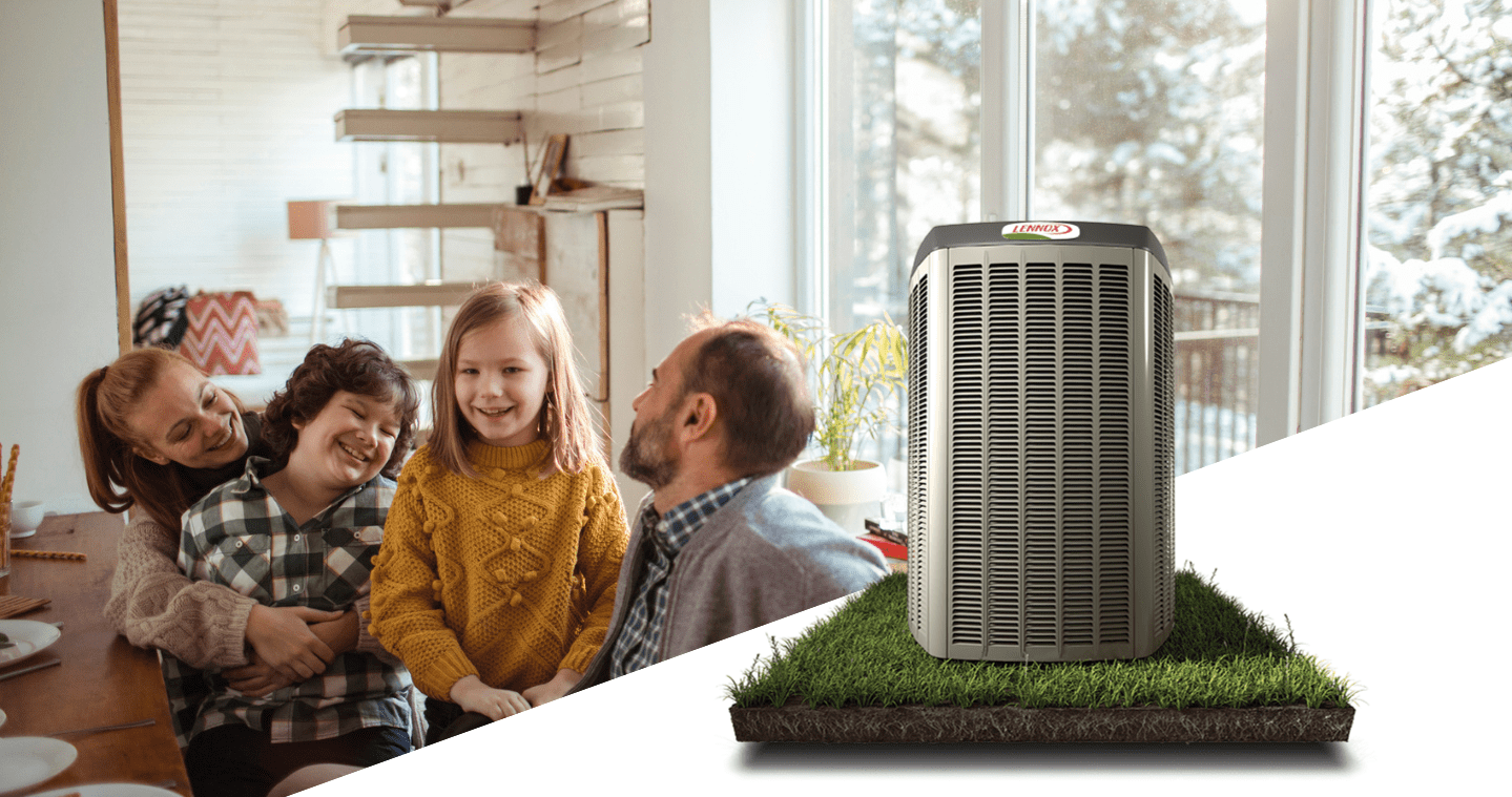 A family sits around a table inside a cozy wooden room. An HVAC unit with the Lennox logo is placed in the foreground.