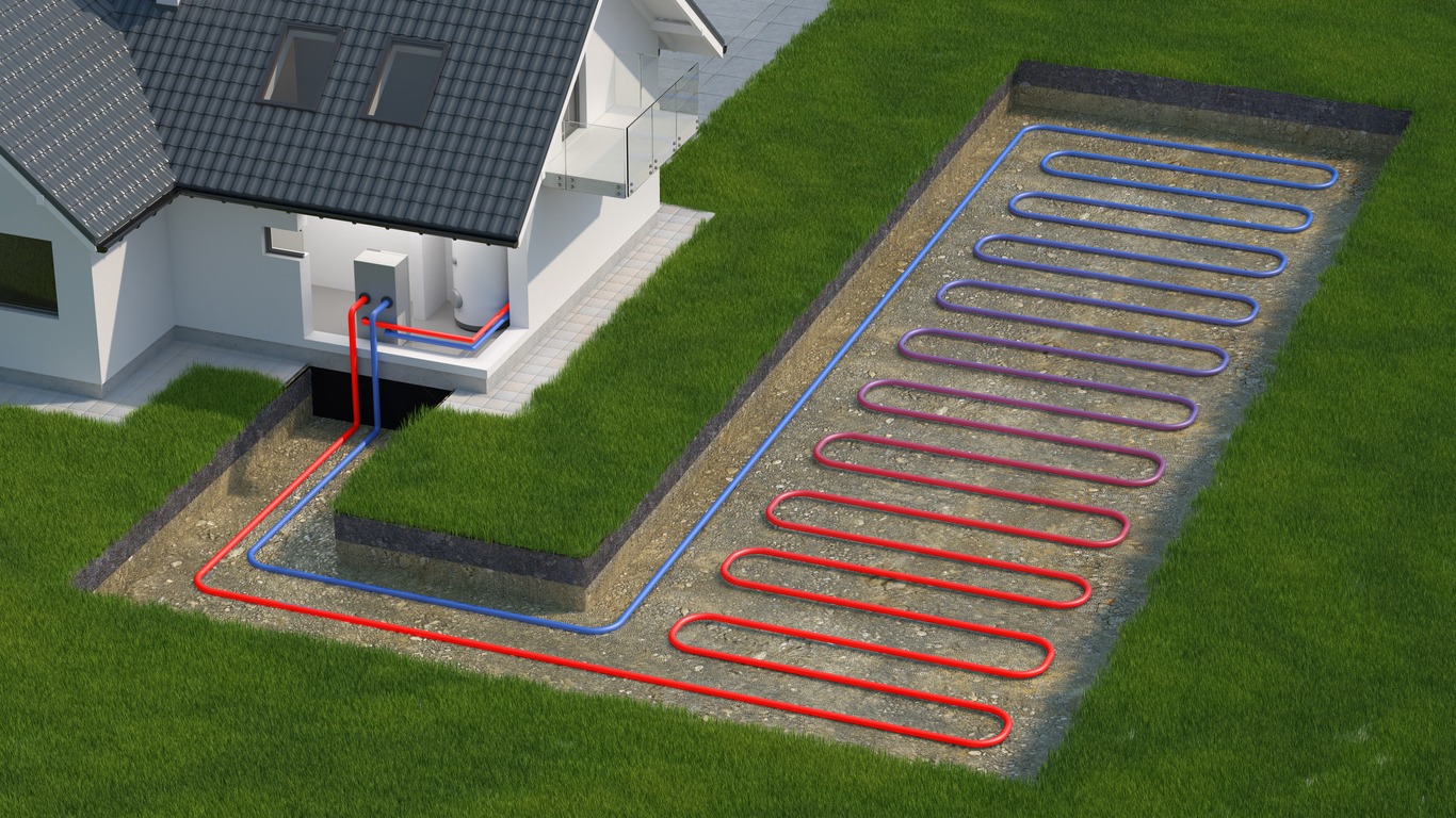 Illustration of a house with a ground source heat pump system, showing underground red and blue coils in a grass-covered yard.