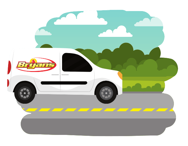 An illustration of a Bryan's Fuel service van driving on a road.
