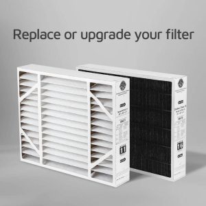 A graphic of a furnace filter with the text "replace or upgrade your filter".