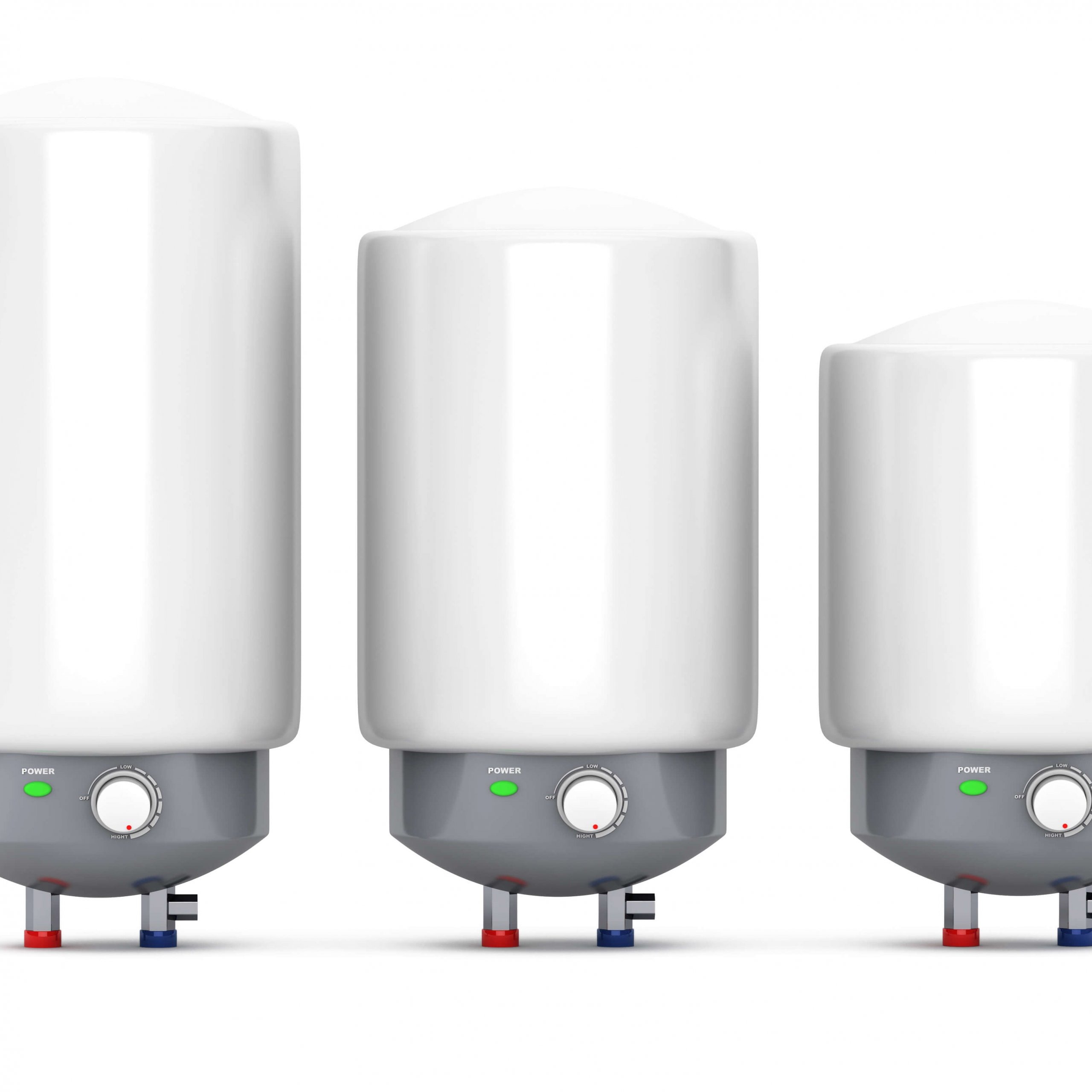 Three white cylindrical water heaters with dials and colored pipes at the bottom, lined up against a plain white background.