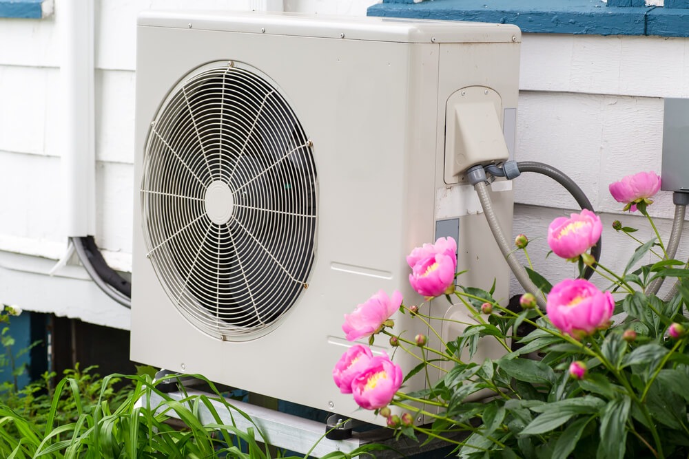 An outdoor air conditioning unit is installed on a white house wall, surrounded by blooming pink peonies and green foliage.