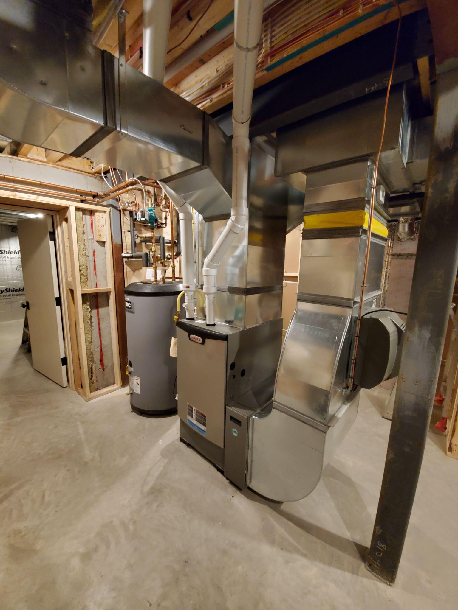 A furnace in a basement