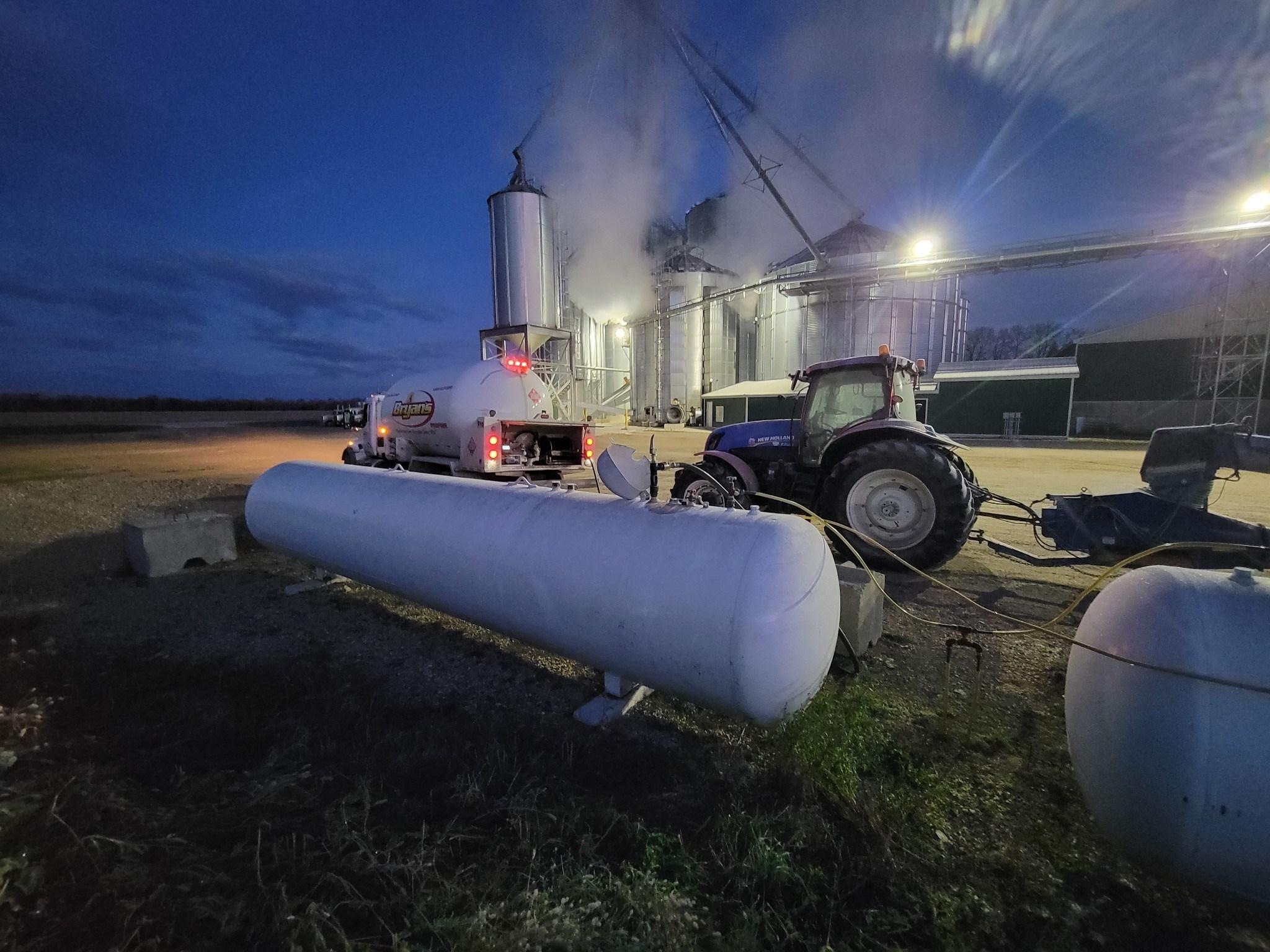 Fuel tanks on farm in the dark.