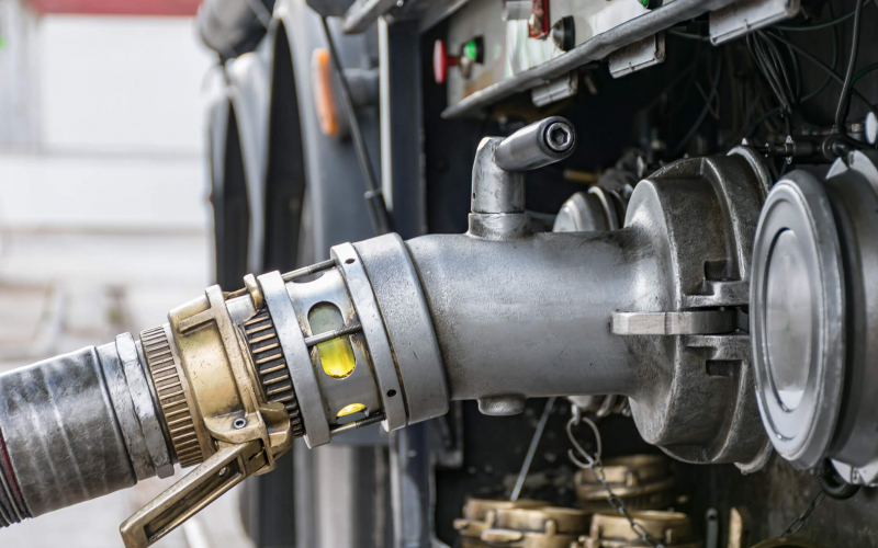 A close-up image of a fuel nozzle attached to a pump, likely at a gas station, with mechanical components of the pump visible in the background.